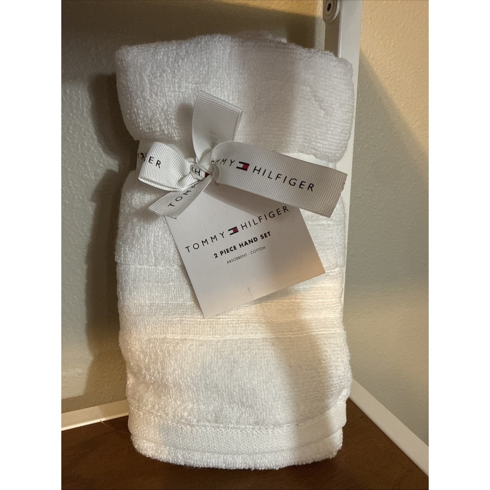 Tommy Hilfiger White Cotton Hand Towels 16"X30" Set Of 2 NEW